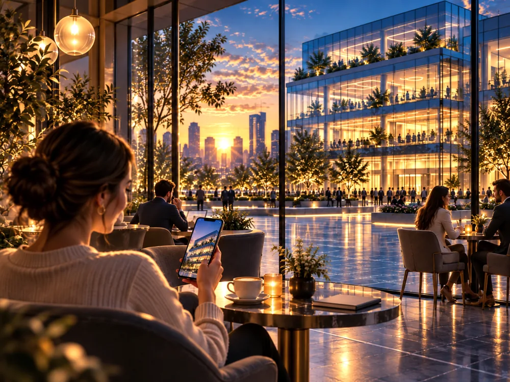 In un caffè al tramonto, una donna guarda sul telefono l’immagine della stessa sede d’impresa che si vede illuminata oltre le vetrate