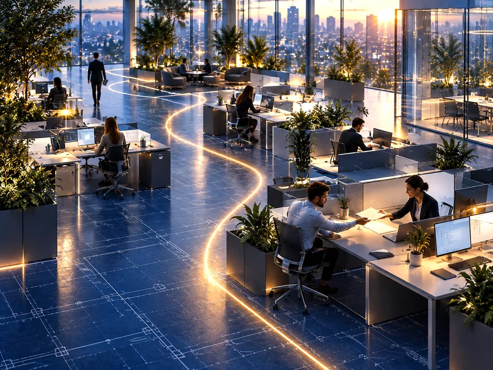 Un ufficio openspace al tramonto attraversato da un percorso luminoso fra le scrivanie; in primo piano due colleghi si passano un documento
