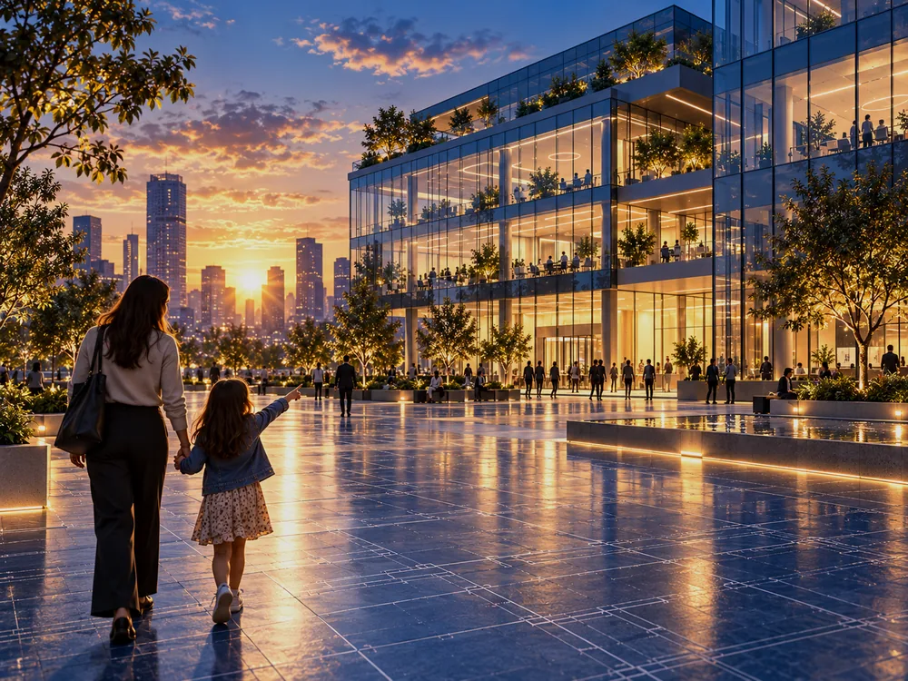Al tramonto, una bambina per mano alla madre indica con entusiasmo la sede illuminata di un’impresa, dall’altra parte di una piazza
