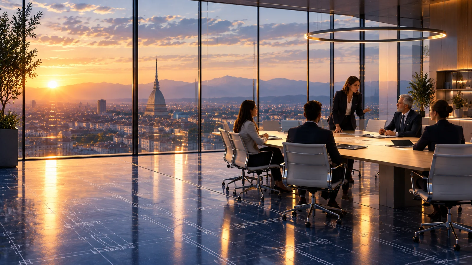 Riunione di direzione in una sala vetrata al tramonto: una donna parla in piedi accanto al tavolo e un collega più anziano, seduto, la ascolta. Sullo sfondo Torino e le Alpi.