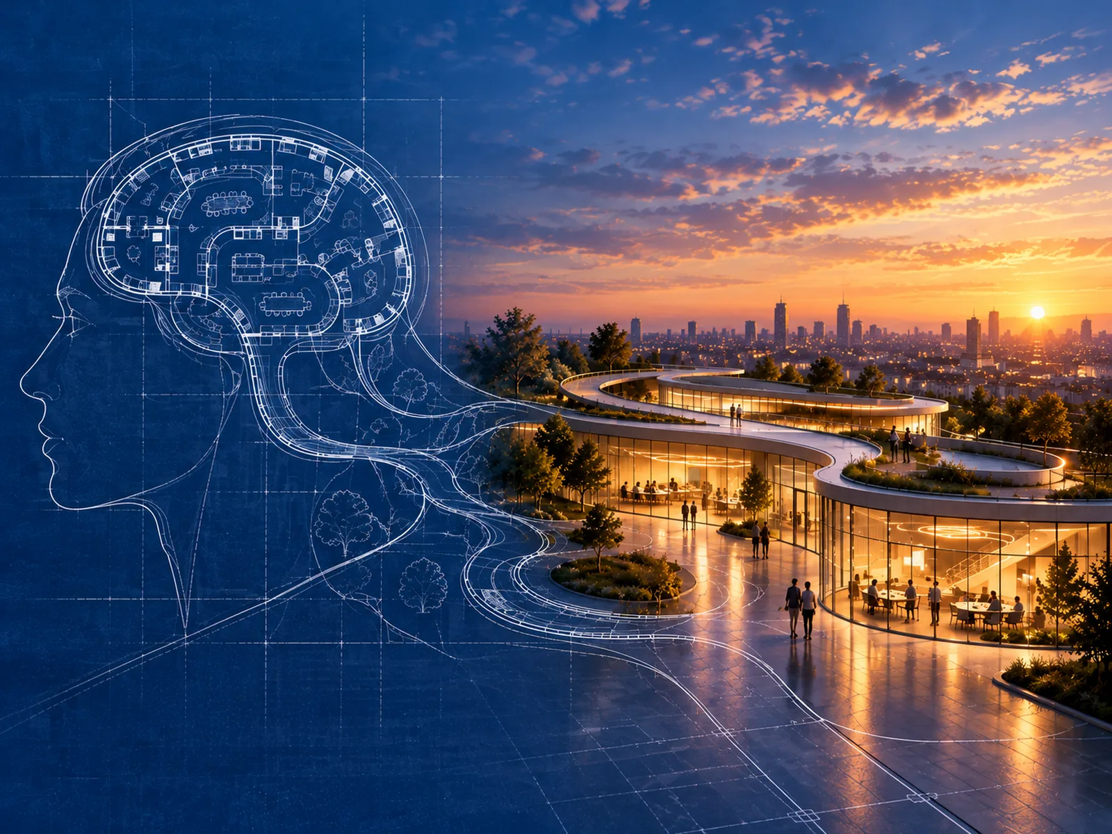 Il profilo di una persona disegnato come un progetto: la pianta tracciata nella testa diventa un edificio vero, abitato da persone.